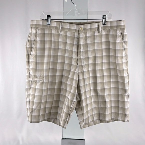 Grand Slam Performance Easy Care UPF 50+ Tan White Plaid Golf Shorts Size 38 - Picture 1 of 11